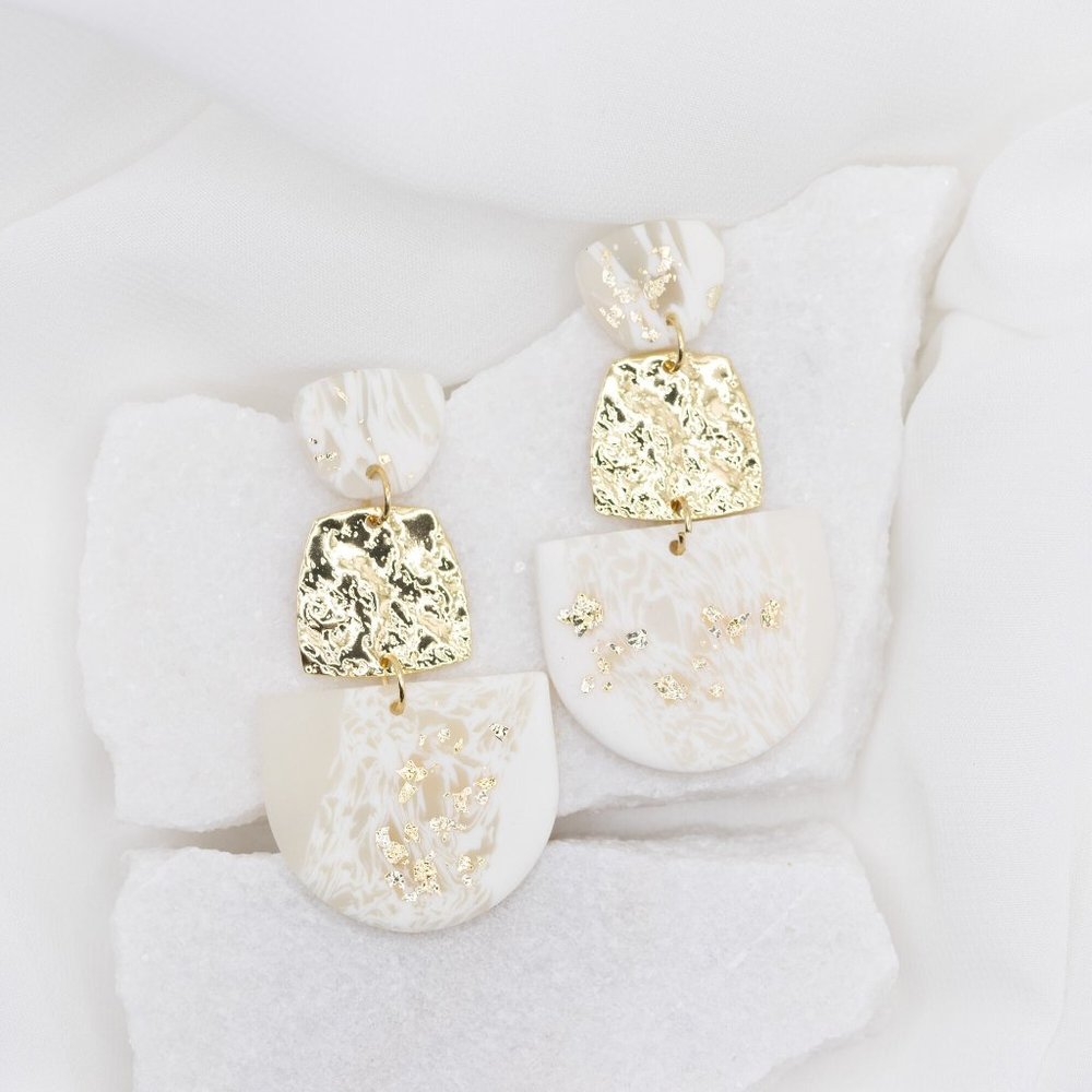 White + Gold Clay Earrings, Statement Earrings, Handmade Polymer Clay Earrings